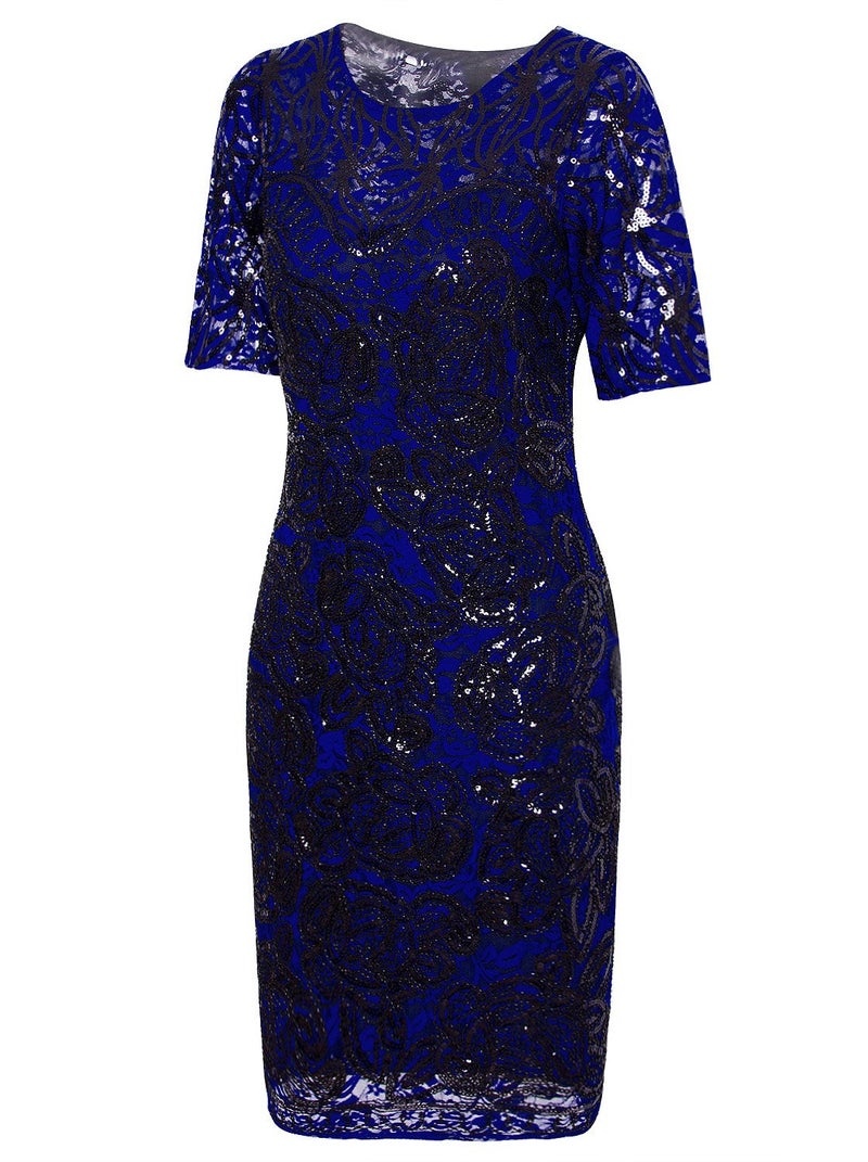 Vijiv Women Vintage Style Lace Beaded Cocktail Dress Sequin Great Gatsby Flapper Dress For Wedding Party With Sleeves,Blue,Large - Image 3